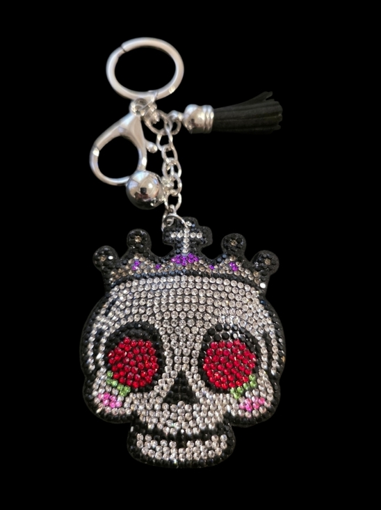 charmed by slg Accessories - Crystal Skull Crown Bag Charm Keychain - Black, Silver & Red